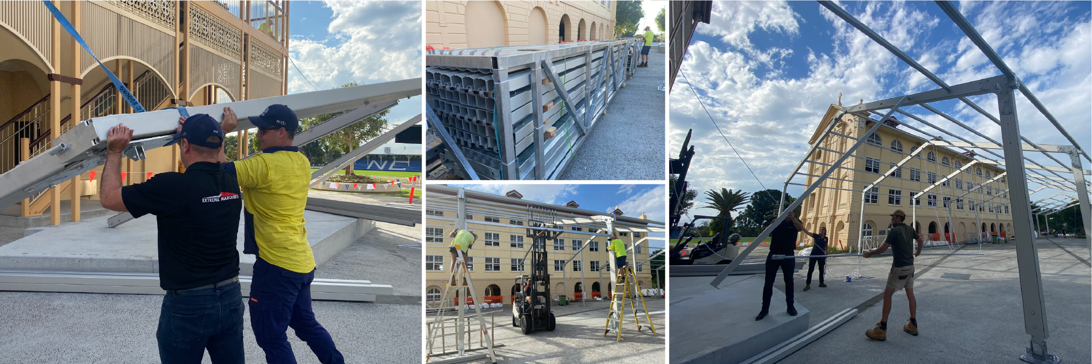 Collage of people working with metal structures in an urban setting