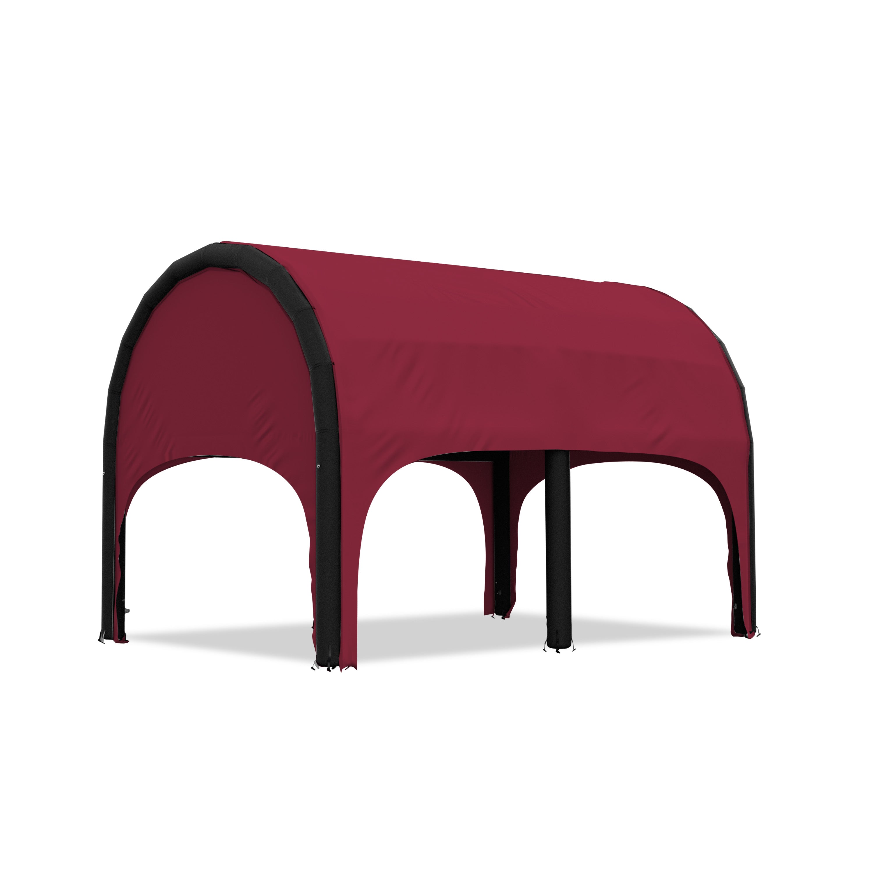 5m polaris high pressure inflatable tent with a maroon roof and black inflatable frame