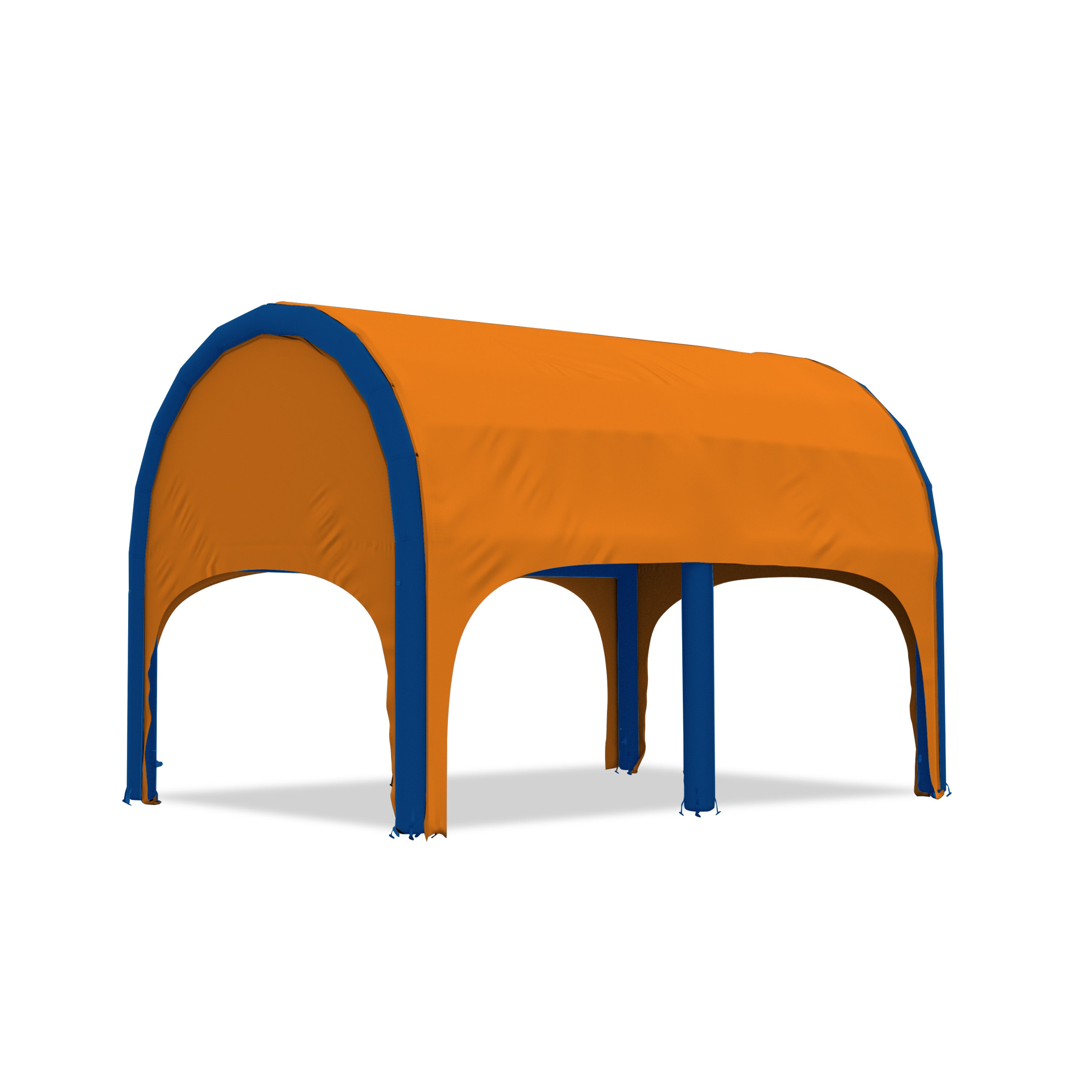 5m polaris high pressure inflatable tent with a orange roof and blue inflatable frame