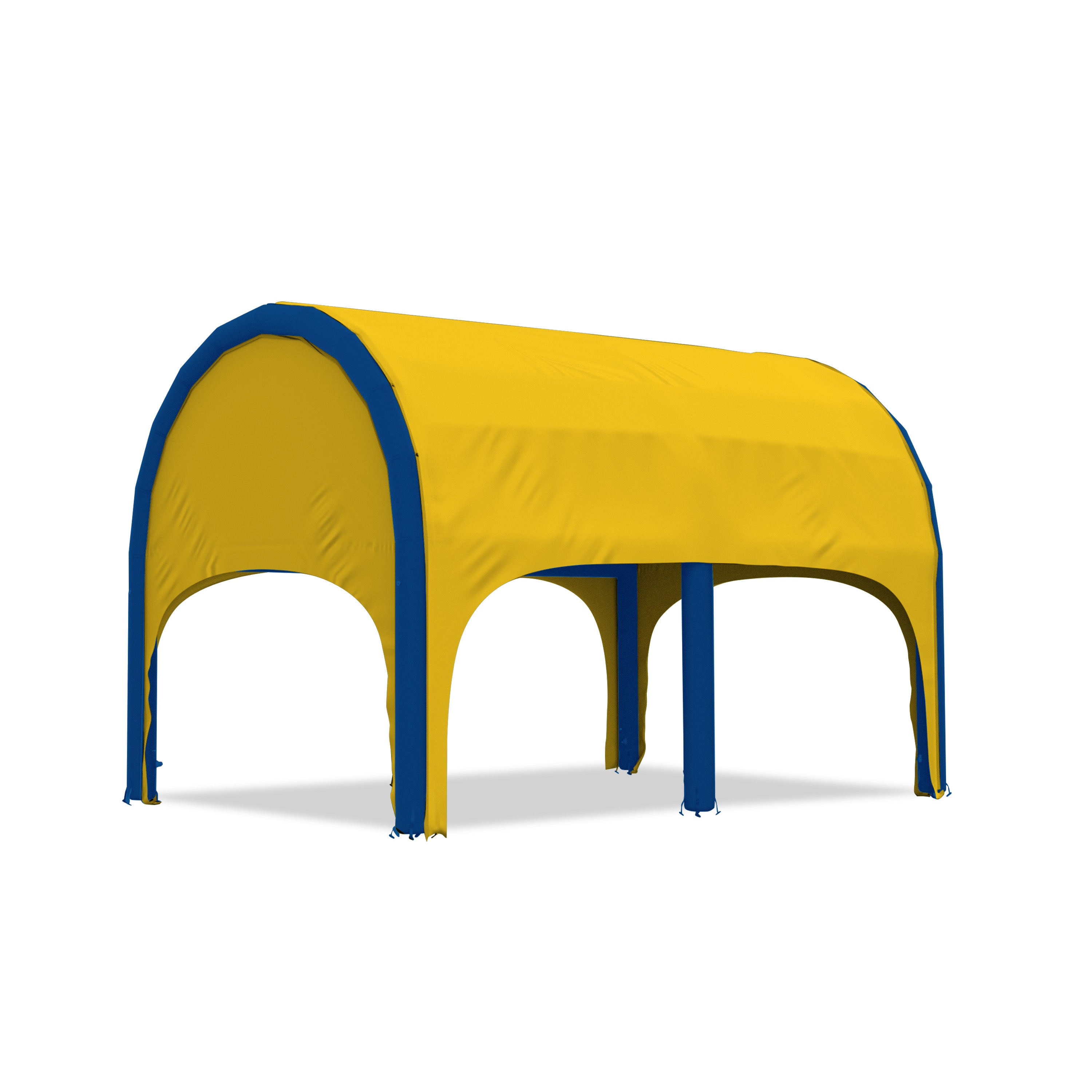 5m polaris high pressure inflatable tent with a yellow roof and blue inflatable frame