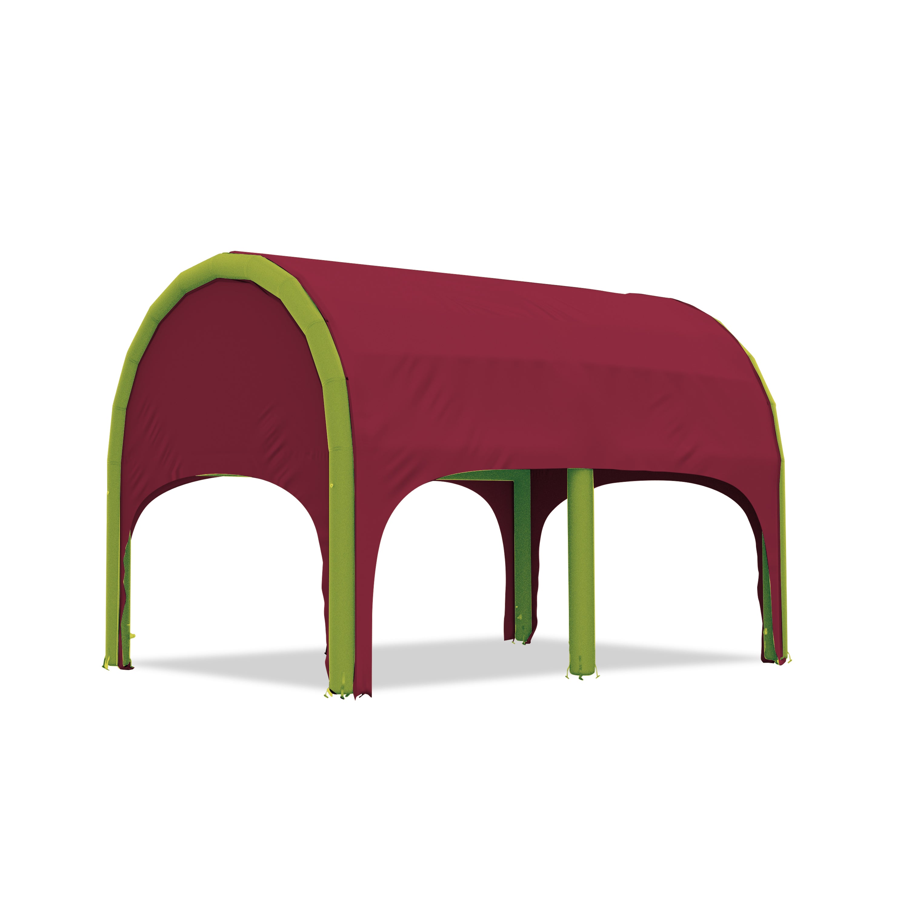 5m polaris high pressure inflatable tent with a maroon roof and green inflatable frame