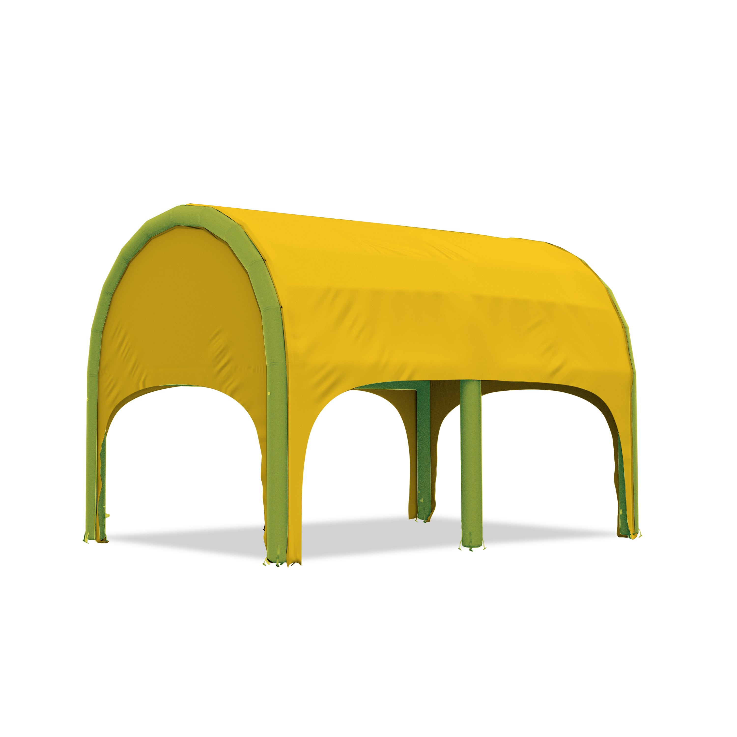 5m polaris high pressure inflatable tent with a yellow roof and green inflatable frame