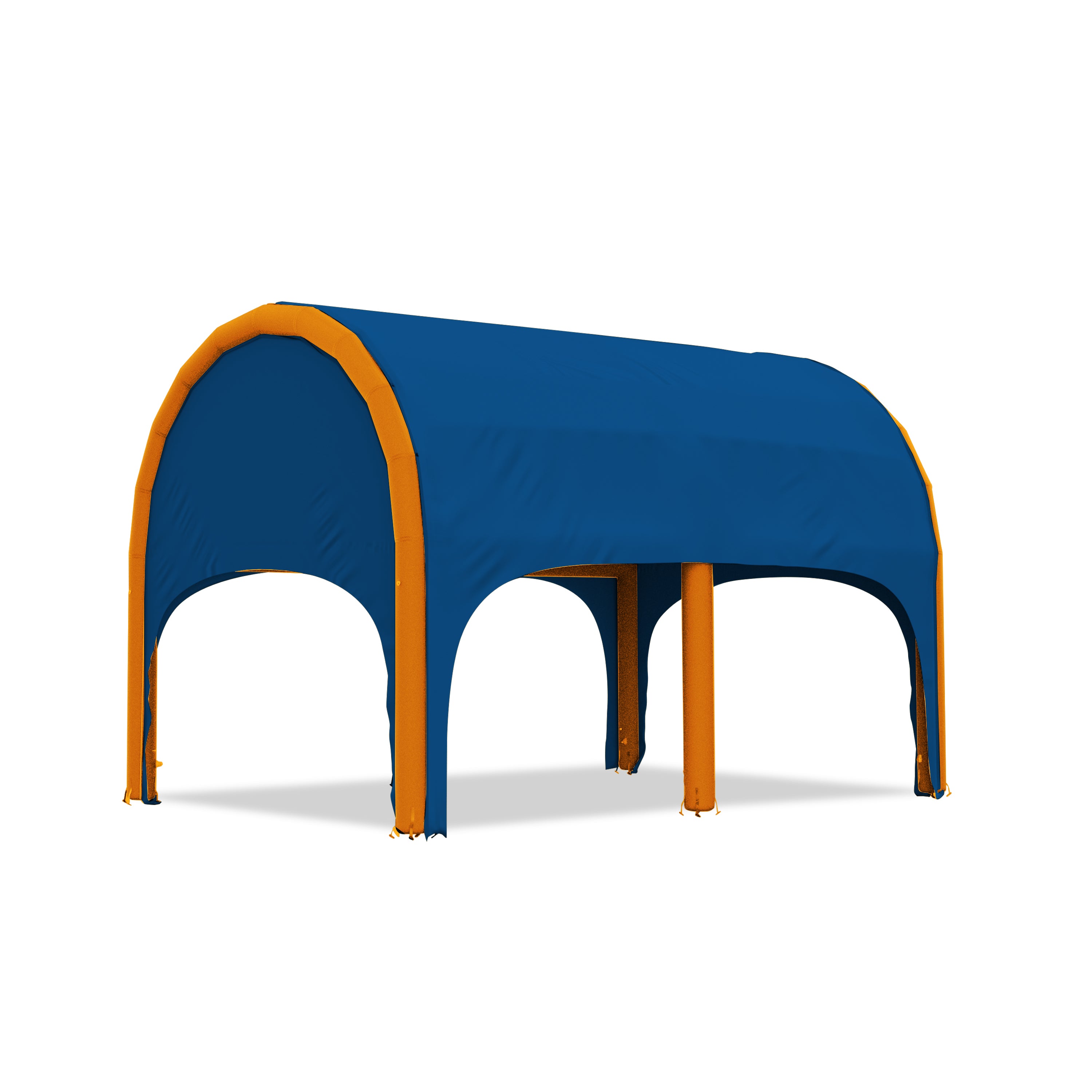 5m polaris high pressure inflatable tent with a blue roof and orange inflatable frame
