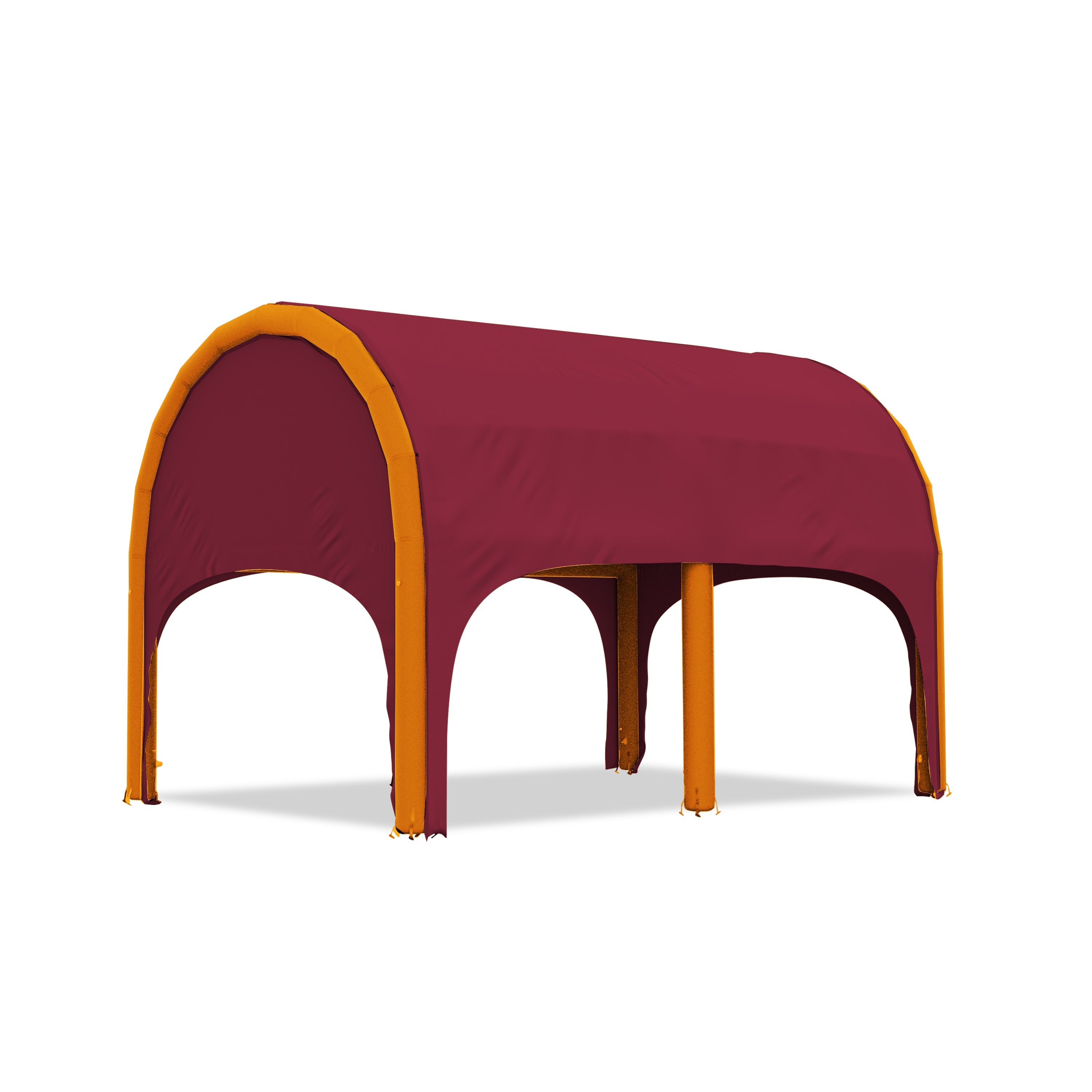 5m polaris high pressure inflatable tent with a maroon roof and orange inflatable frame