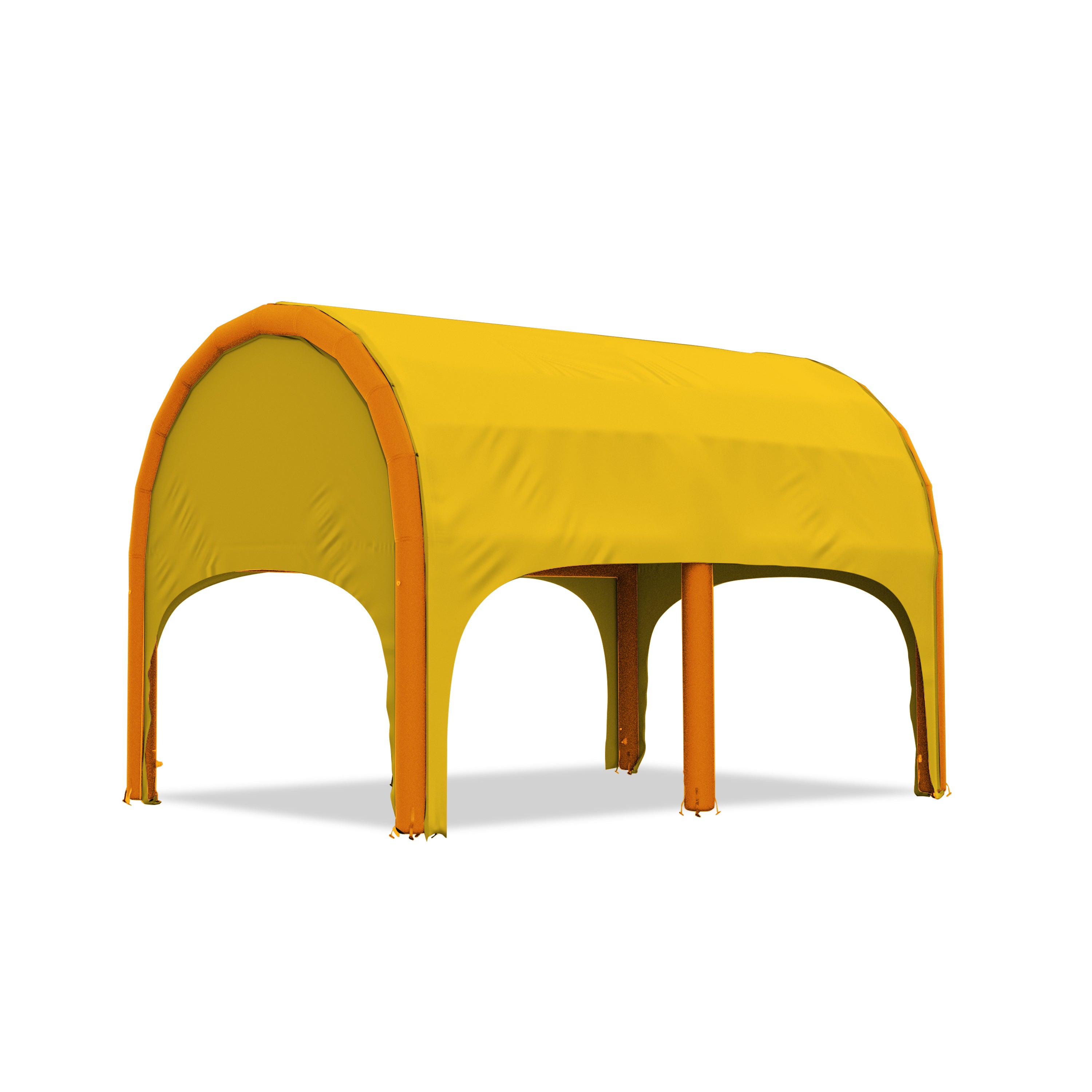 5m polaris high pressure inflatable tent with a yellow roof and orange inflatable frame