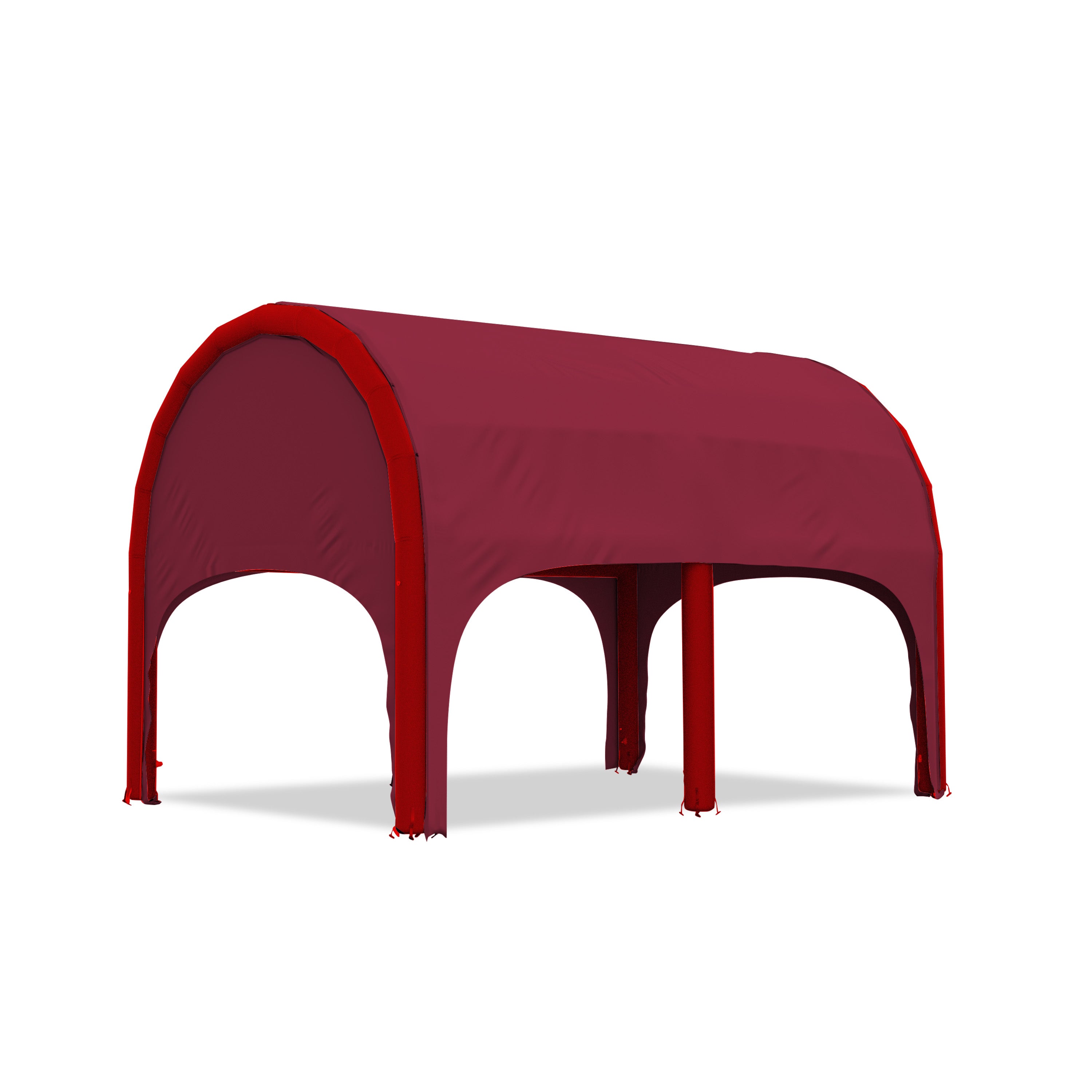 5m polaris high pressure inflatable tent with a maroon roof and red inflatable frame