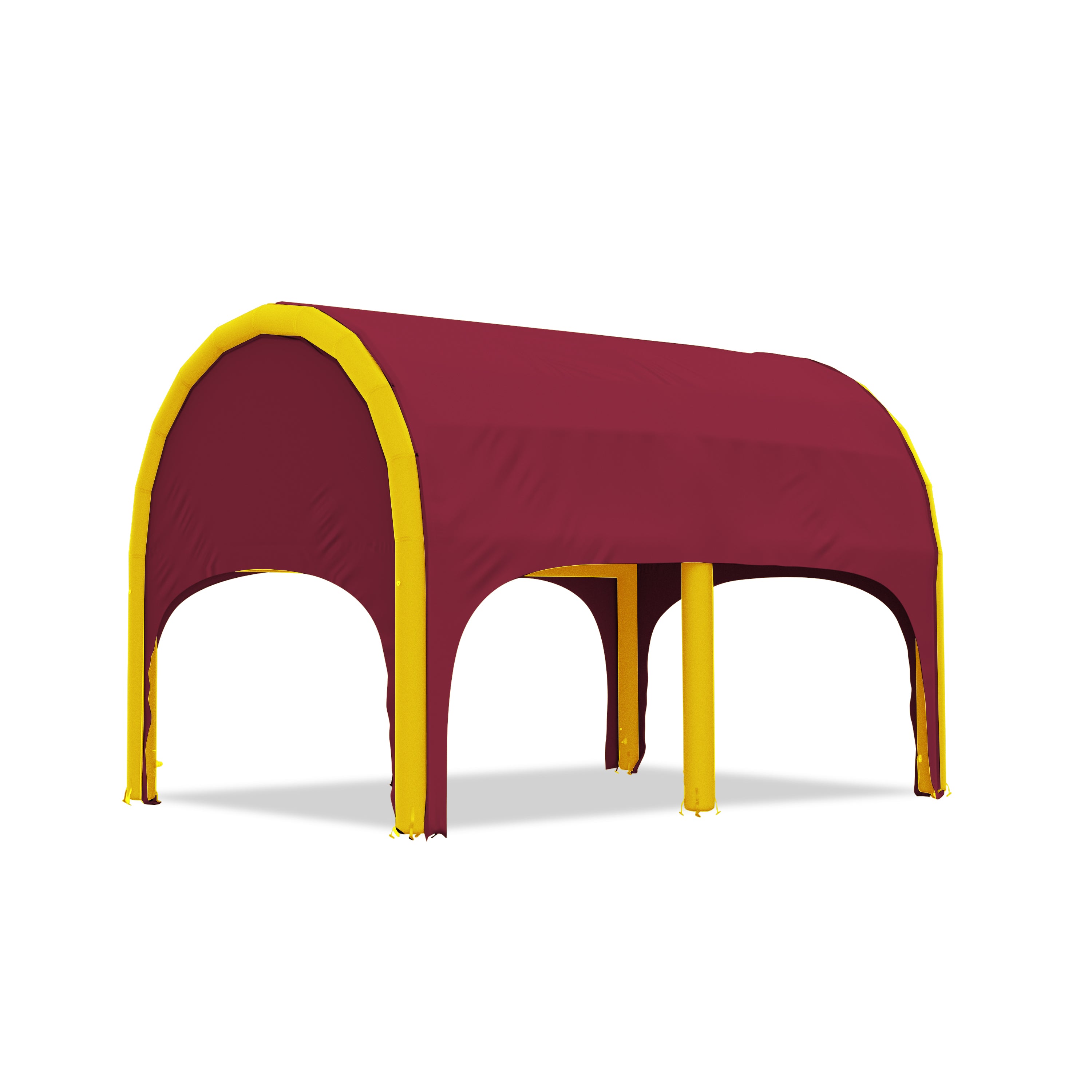 5m polaris high pressure inflatable tent with a maroon roof and yellow inflatable frame