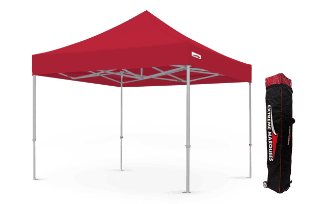 Red 3m x 3m pop-up marquee tent with an aluminum frame and carry bag by Extreme Marquees.