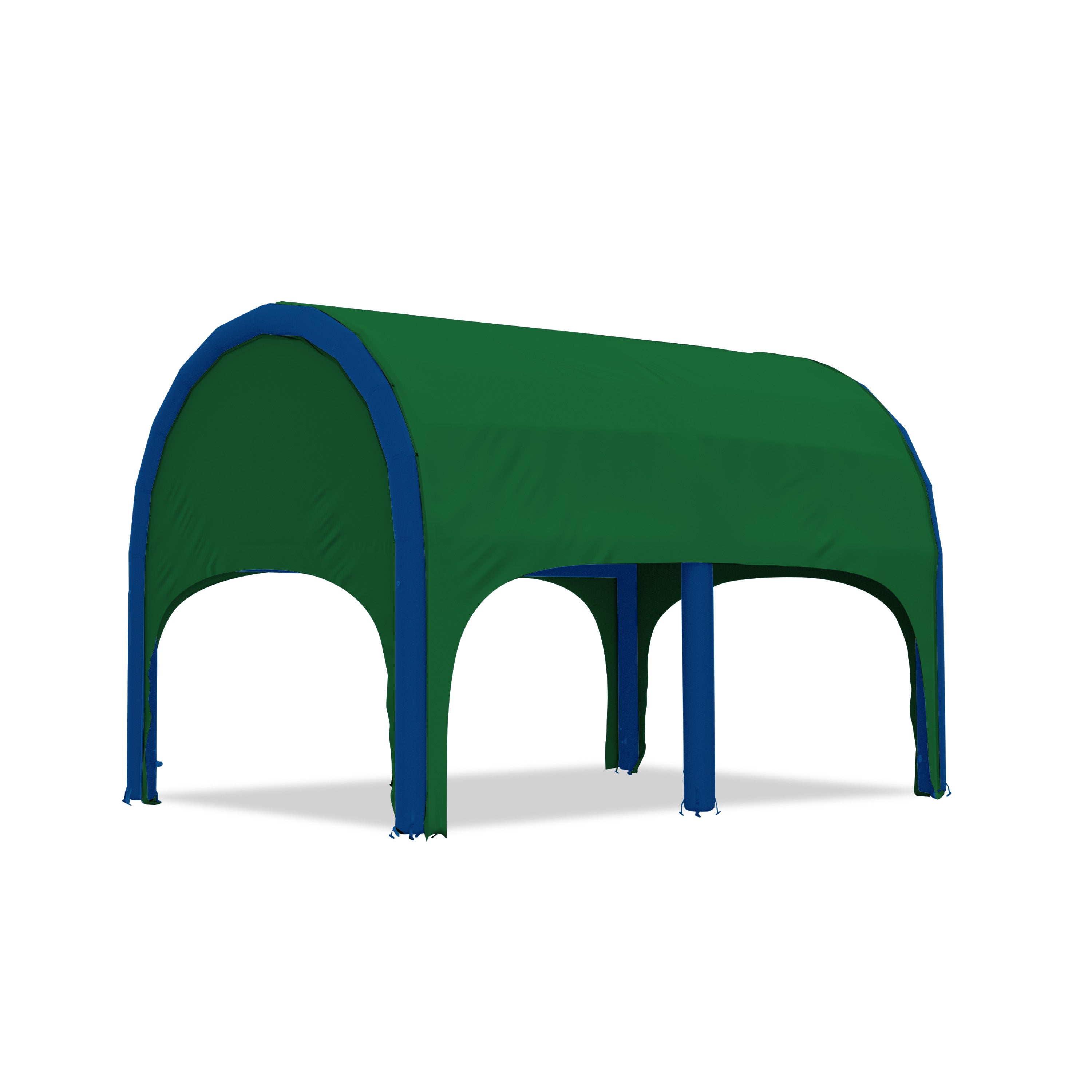 5m polaris high pressure inflatable tent with a green roof and blue inflatable frame
