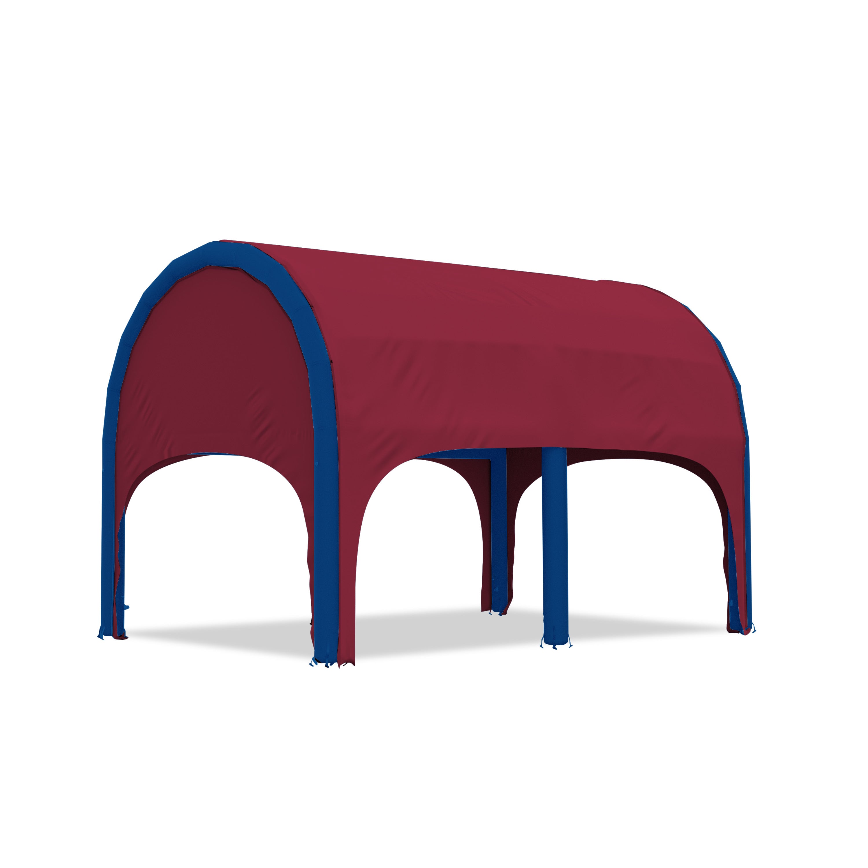 5m polaris high pressure inflatable tent with a maroon roof and blue inflatable frame