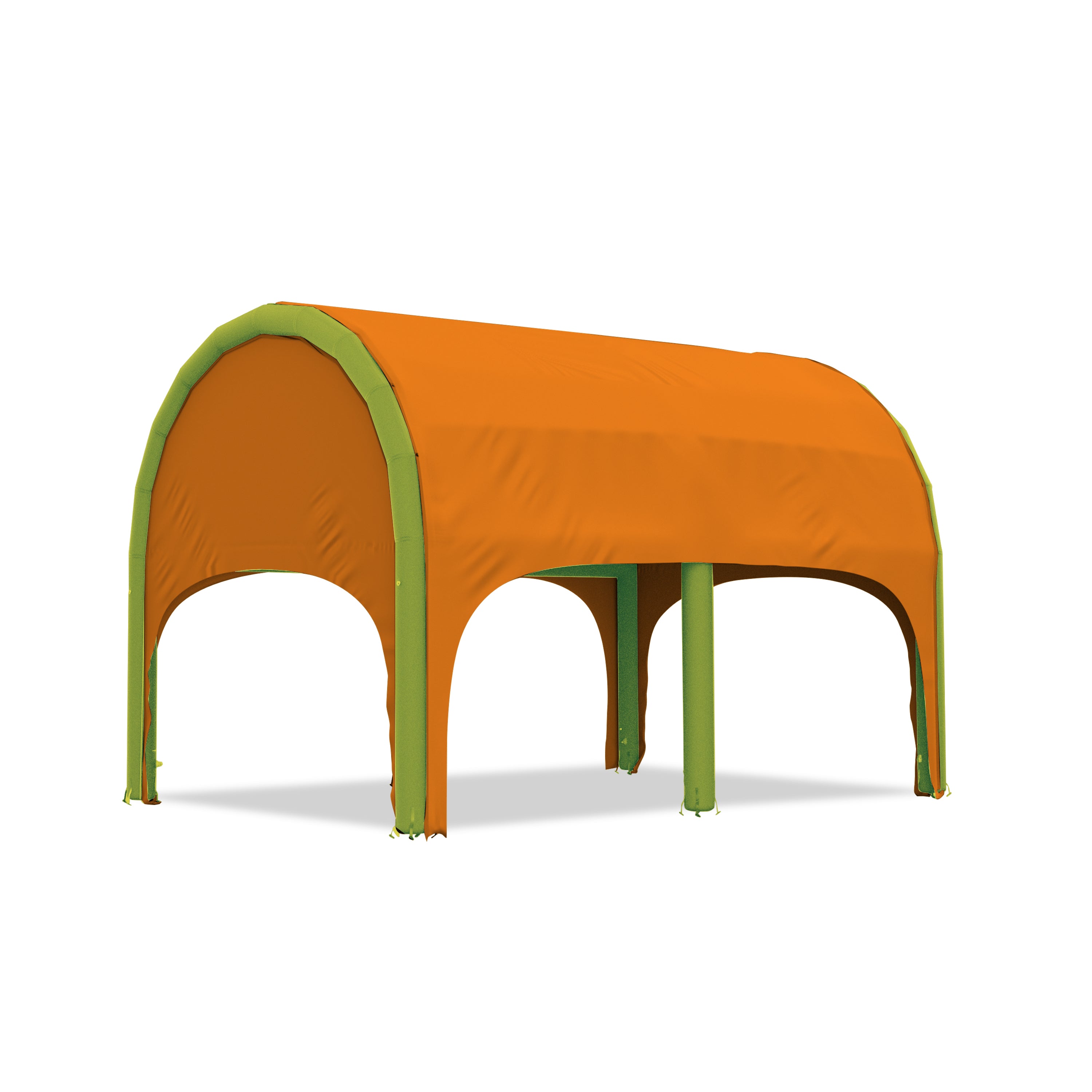 5m polaris high pressure inflatable tent with a orange roof and green inflatable frame