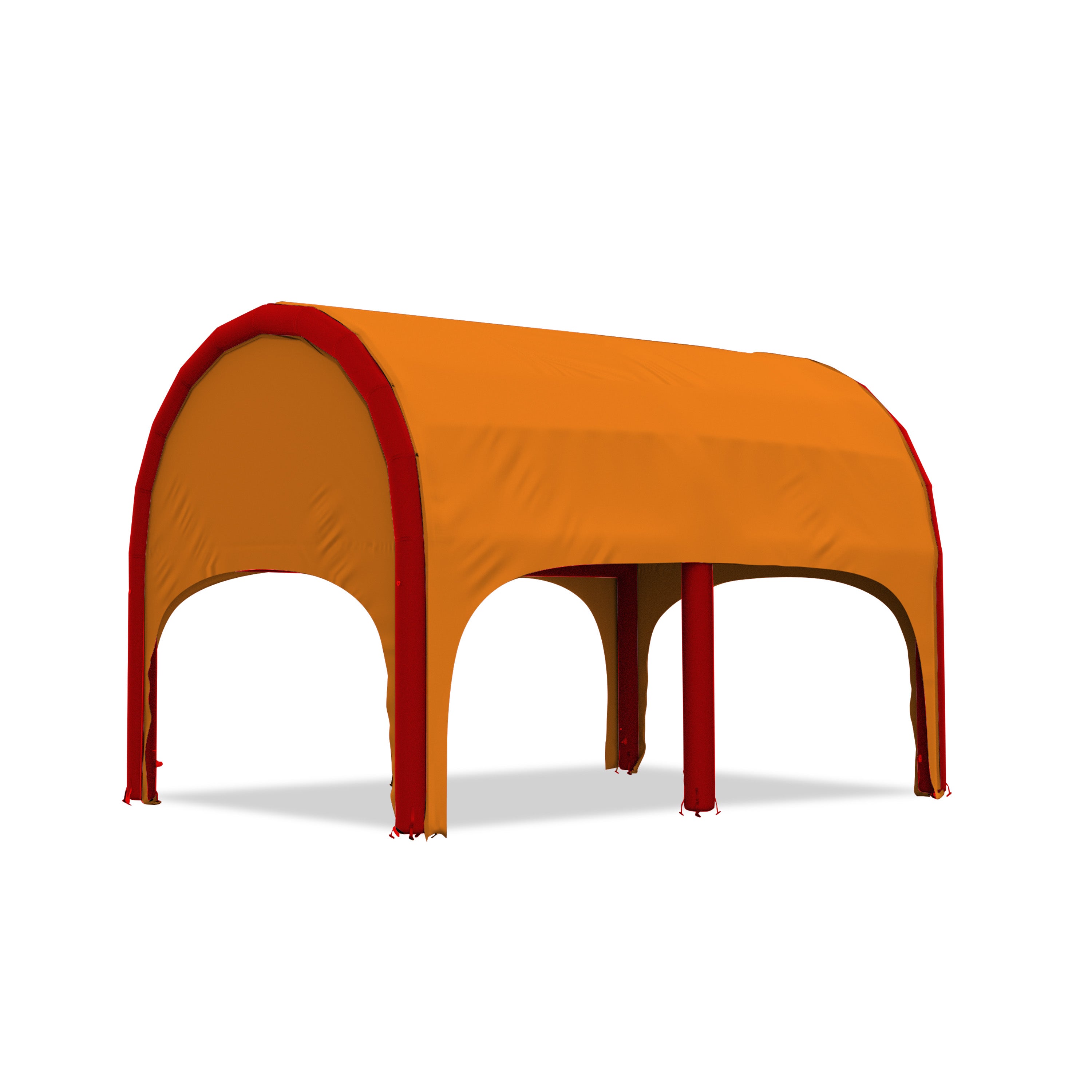 5m polaris high pressure inflatable tent with a orange roof and red inflatable frame
