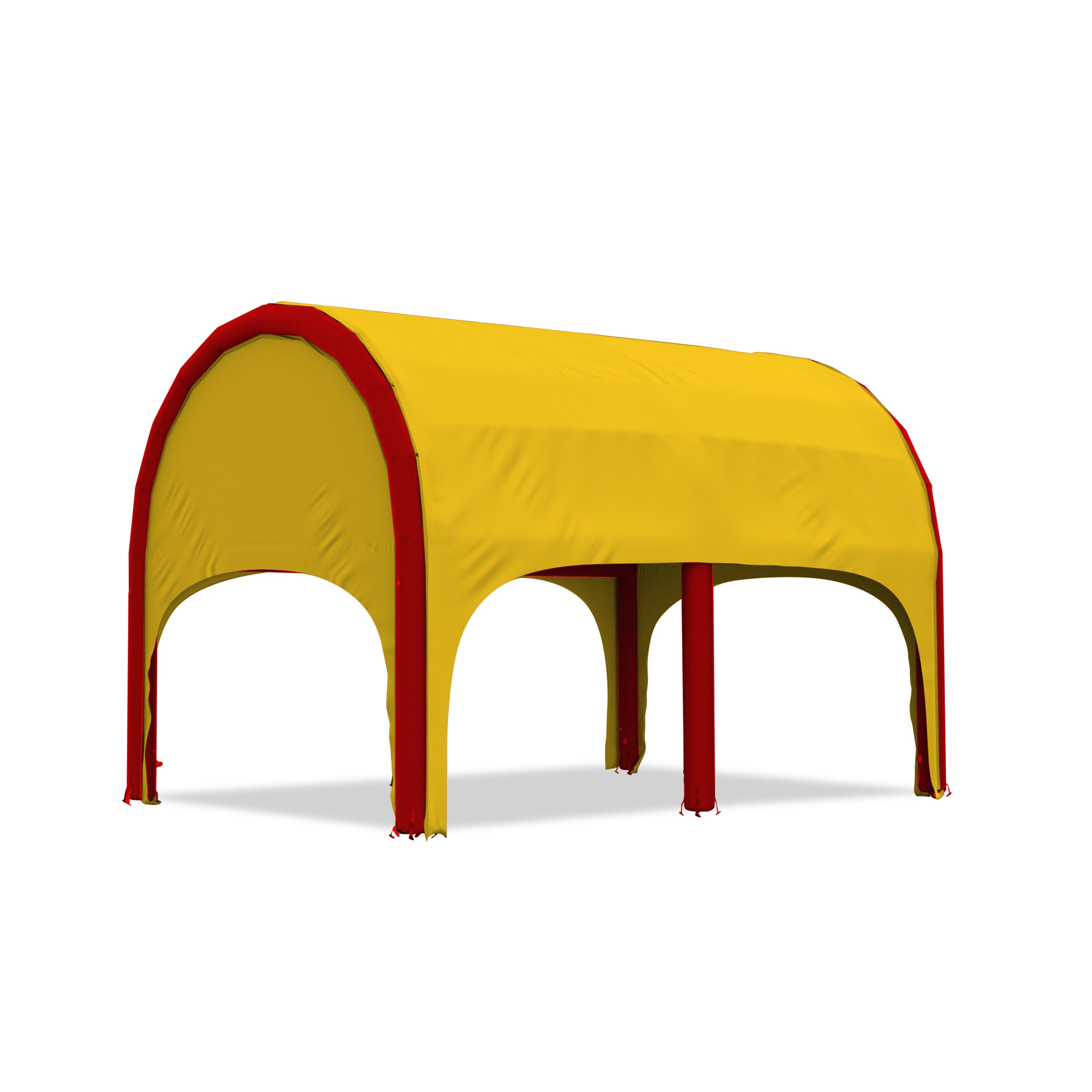 5m polaris high pressure inflatable tent with a yellow roof and red inflatable frame